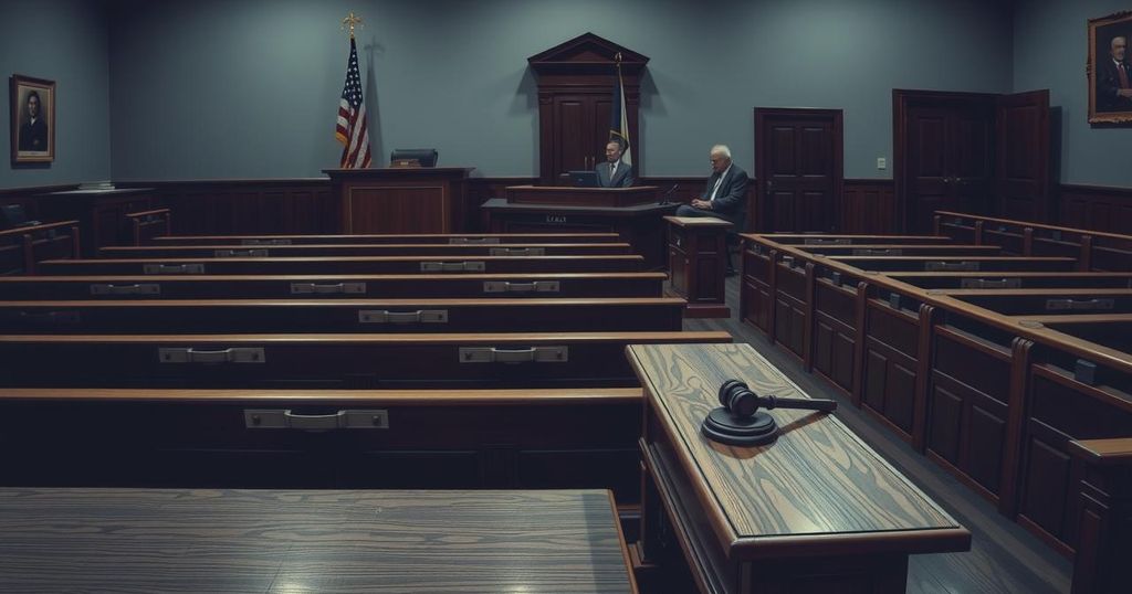 A somber courtroom scene with empty benches and a gavel on the judge's podium, conveying justice and sadness.