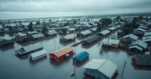 Aerial view of a flooded market town with submerged homes, surrounded by vast waters reflecting gray skies.