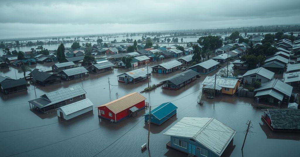Aerial view of a flooded market town with submerged homes, surrounded by vast waters reflecting gray skies.