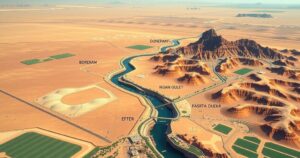 Landscape depicting a potential border realignment in the Middle East, showcasing split regions and natural barriers.