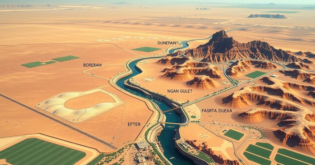 Landscape depicting a potential border realignment in the Middle East, showcasing split regions and natural barriers.