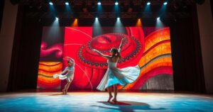 A vibrant theater stage showcasing a dance performance, infused with rich colors and emotional expression.