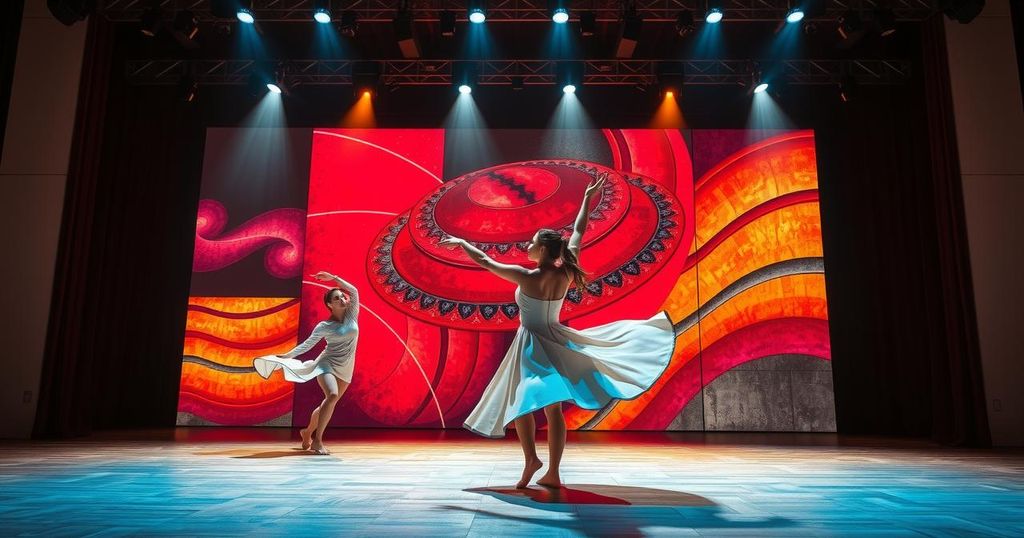 A vibrant theater stage showcasing a dance performance, infused with rich colors and emotional expression.