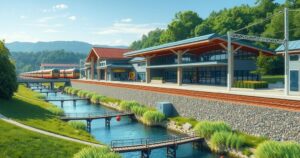 Renovated railway station at Tumen River with modern architecture and a scenic river backdrop.