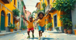 Two boys playing in a vibrant Lagos street, capturing the lively spirit and familial bond against a colorful backdrop.