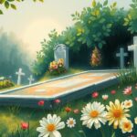 Serene landscape with a peaceful burial site surrounded by greenery and flowers, symbolizing remembrance and closure.