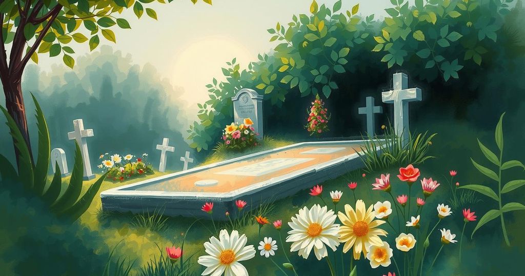 Serene landscape with a peaceful burial site surrounded by greenery and flowers, symbolizing remembrance and closure.