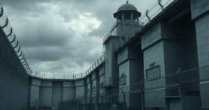 A stark prison landscape featuring tall concrete walls under a moody sky, emphasizing isolation and confinement.