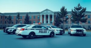 Three police cars surround a university lodge, symbolizing law enforcement action against crime.