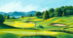 A tranquil golf scenery with lush green fairways and serene skies, reflecting elegance and inspiration.