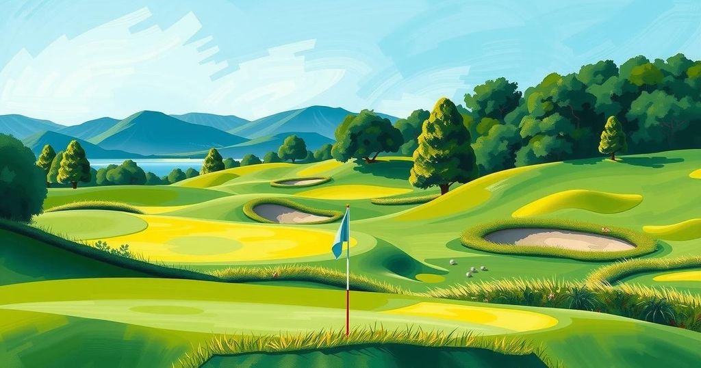 A tranquil golf scenery with lush green fairways and serene skies, reflecting elegance and inspiration.