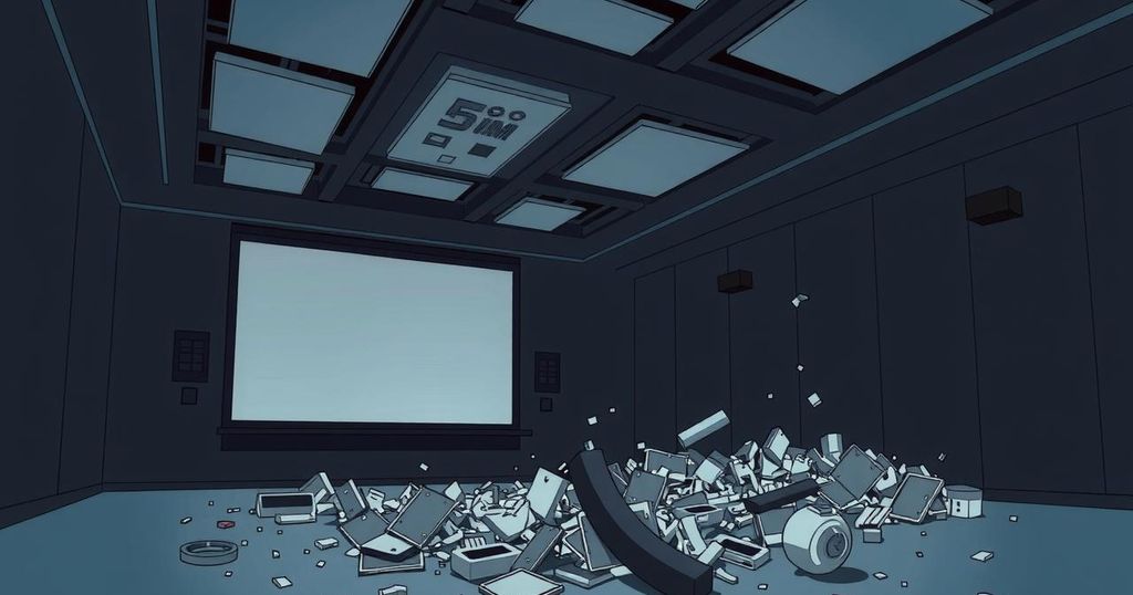 A theatre interior with debris and broken ceiling, under a projector screen showing a movie.
