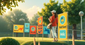 A political campaign scene with neutral elements like banners and a serene background.