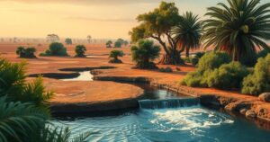 A water source in an African landscape, emphasizing the importance of clean water and sanitation for health.