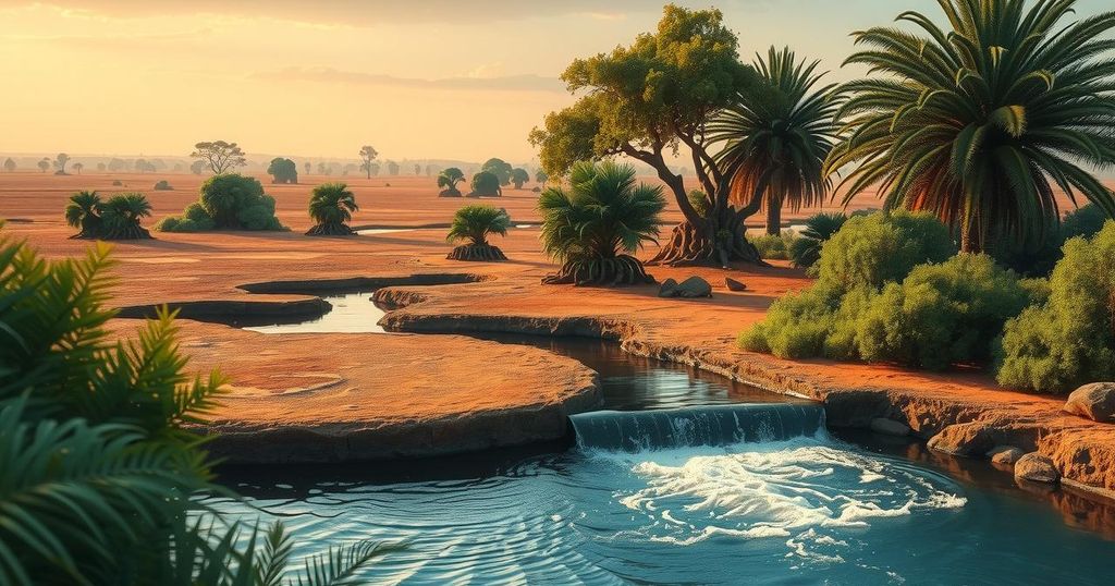 A water source in an African landscape, emphasizing the importance of clean water and sanitation for health.