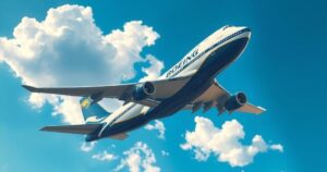 A luxurious Boeing 747 in a vibrant sky with clouds, showcasing grandeur and opulence.