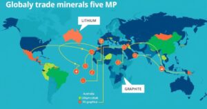 A map illustrating global trade routes of battery minerals with key countries and minerals highlighted, in vibrant colors.