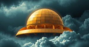 A conceptual representation of a golden dome structure against a dramatic sky, symbolizing geopolitical tension and defense.