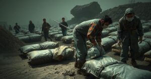 A dramatic scene showing humanitarian workers at mass burial site, surrounded by somber earth tones and somber lighting.