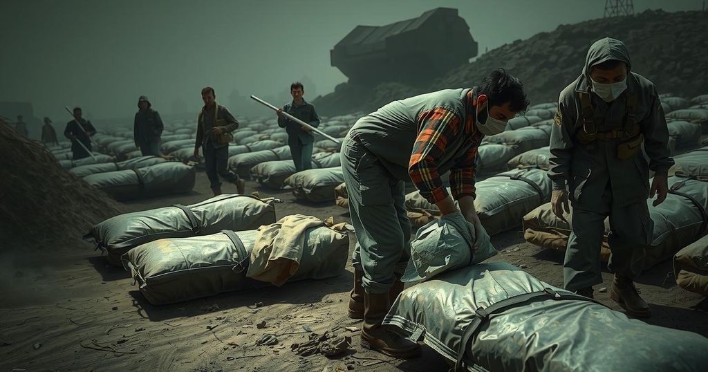 A dramatic scene showing humanitarian workers at mass burial site, surrounded by somber earth tones and somber lighting.