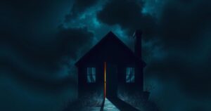A silhouetted house at night with dark skies and a single spotlight illuminating the doorway, symbolizing arrest and conflict.