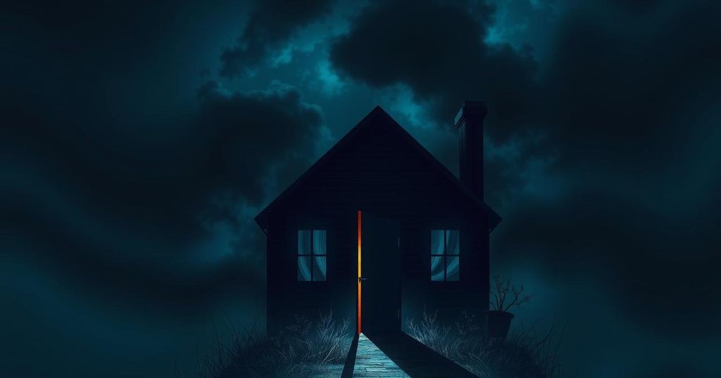 A silhouetted house at night with dark skies and a single spotlight illuminating the doorway, symbolizing arrest and conflict.