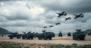 A military landscape depicting an organized army drill on alert with planes in a dramatic sky under gray tones.