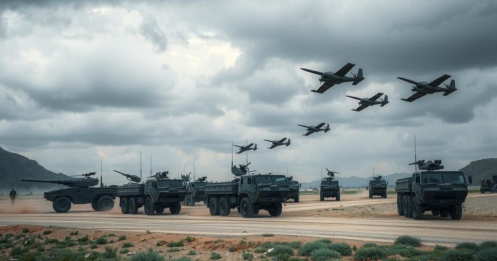 A military landscape depicting an organized army drill on alert with planes in a dramatic sky under gray tones.