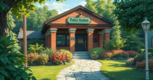 A police station entrance in a calm neighborhood with trees and flowers, conveying surrender and resolution.