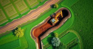 An aerial view of a farm with an excavator digging a trench surrounded by greenery.