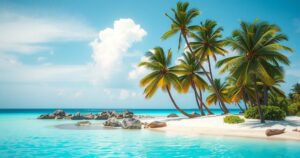 A vibrant landscape of the Chagos Islands showcasing lush greenery and turquoise waters under a bright sky.