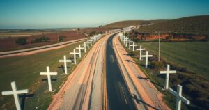 Aerial view of rural road lined with white crosses symbolizing farmer protests in South Africa, captured in soft earth tones.