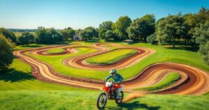 A scenic motocross training facility with lush greenery, skillful tracks, and bright blue skies, embodying community spirit.