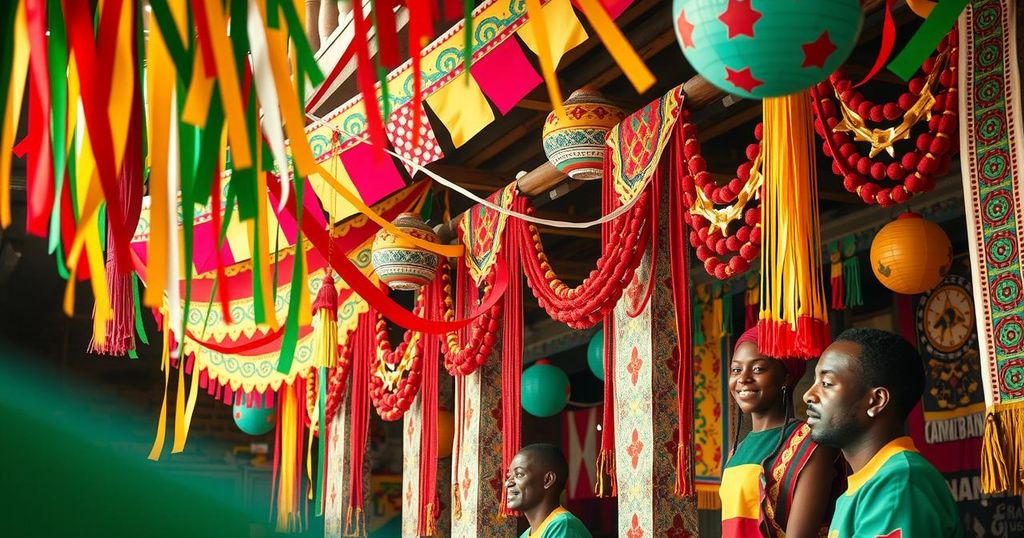 A joyful celebration featuring traditional Cameroonian decorations and vibrant colors.