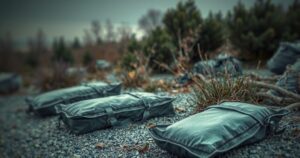 A screenshot of a natural scene, focusing on body bags with a muted color palette, symbolizing a grave situation.