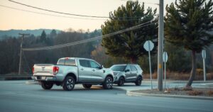 A somber landscape depicting a quiet intersection with a pickup truck and an SUV, surrounded by nature.