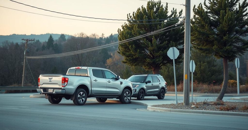 A somber landscape depicting a quiet intersection with a pickup truck and an SUV, surrounded by nature.