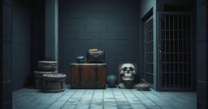 A dark prison cell with two overcrowded suitcases, dim lighting, and stark walls, highlighting a sense of confinement.
