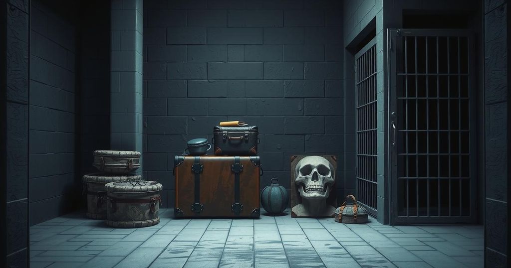 A dark prison cell with two overcrowded suitcases, dim lighting, and stark walls, highlighting a sense of confinement.
