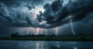 Severe thunderstorm with dark clouds, lightning, and heavy rain over a landscape, showcasing intense weather conditions.