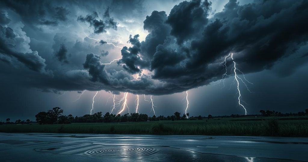 Severe thunderstorm with dark clouds, lightning, and heavy rain over a landscape, showcasing intense weather conditions.