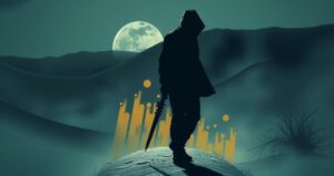 A dark-themed art piece depicting a shadowy figure representing a fugitive in Dubai, with muted colors and dramatic lighting.