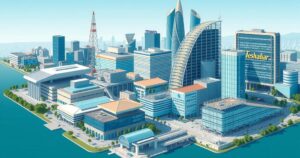 A vibrant cityscape showcasing advanced semiconductor technology and strategic investments in Malaysia.