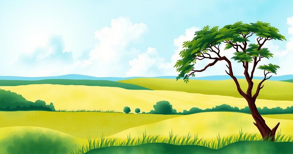 A serene landscape in Malawi, symbolizing health interventions with couples counseling under a bright sky.