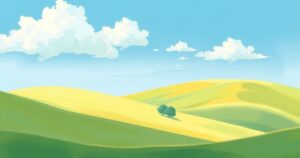 A tranquil landscape featuring rolling hills under a bright blue sky with fluffy clouds, using a pastel color palette.