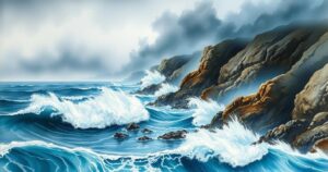 Dramatic coastline with high waves and strong winds under a stormy sky in a watercolor style with blue and gray hues.