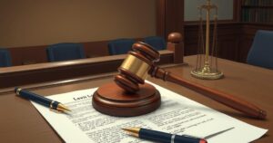 A gavel resting on a legal document symbolizing justice and law enforcement in a courtroom setting.