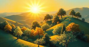 A symbolic representation of unity and peace, showcasing a shining light over a peaceful landscape.