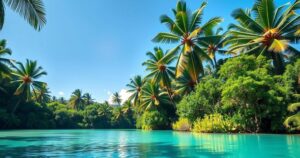 A tranquil scene of a minimalistic tropical landscape in Timor-Leste, featuring lush greenery and a serene sky.