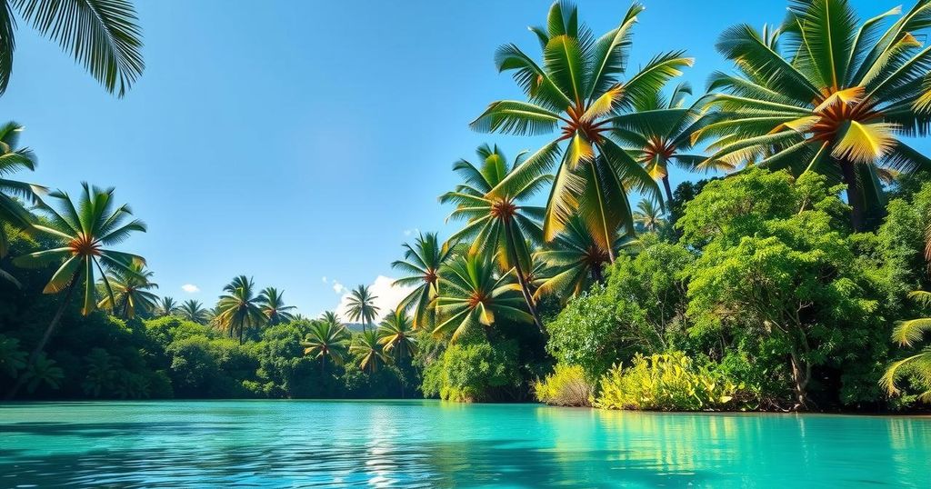 A tranquil scene of a minimalistic tropical landscape in Timor-Leste, featuring lush greenery and a serene sky.
